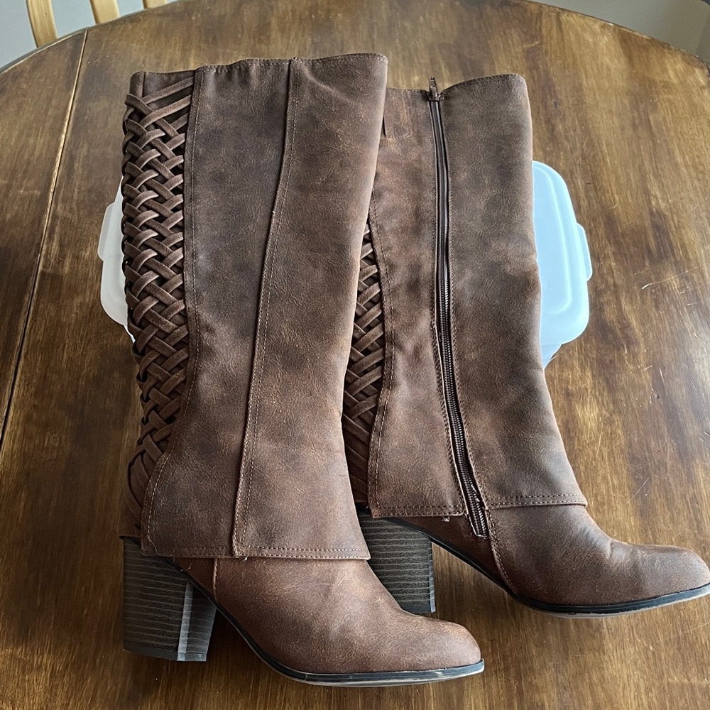 Fergalicious Brown Heeled Boots with Braided Detail